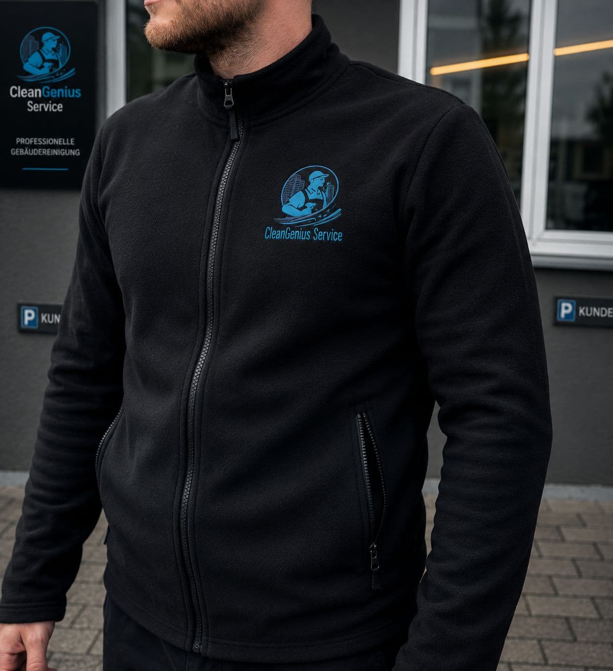 CleanGenius Mitarbeiter in Markenfleece-Jacke vor Firmengebäude